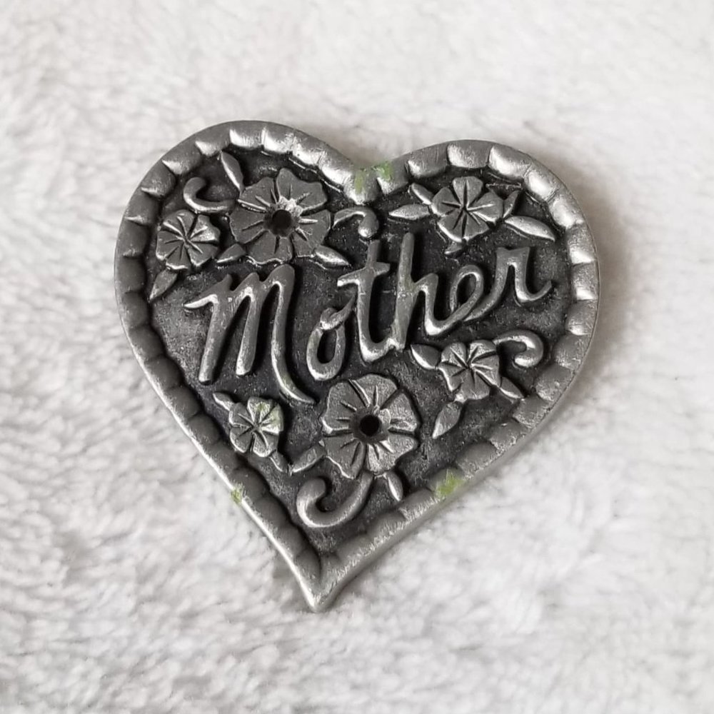 Rare Vintage Pewter ms dee "Mother" Heart Brooch